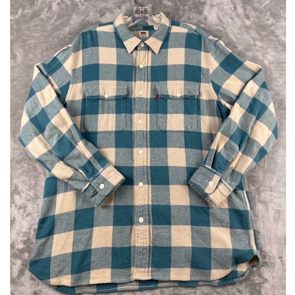 Levis Flannel Shirt Mens Large Relaxed Teal Cream Buffalo Plaid Button Down EUC